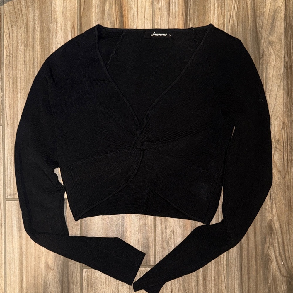 Black Cropped Long Sleeve Twist Front Top